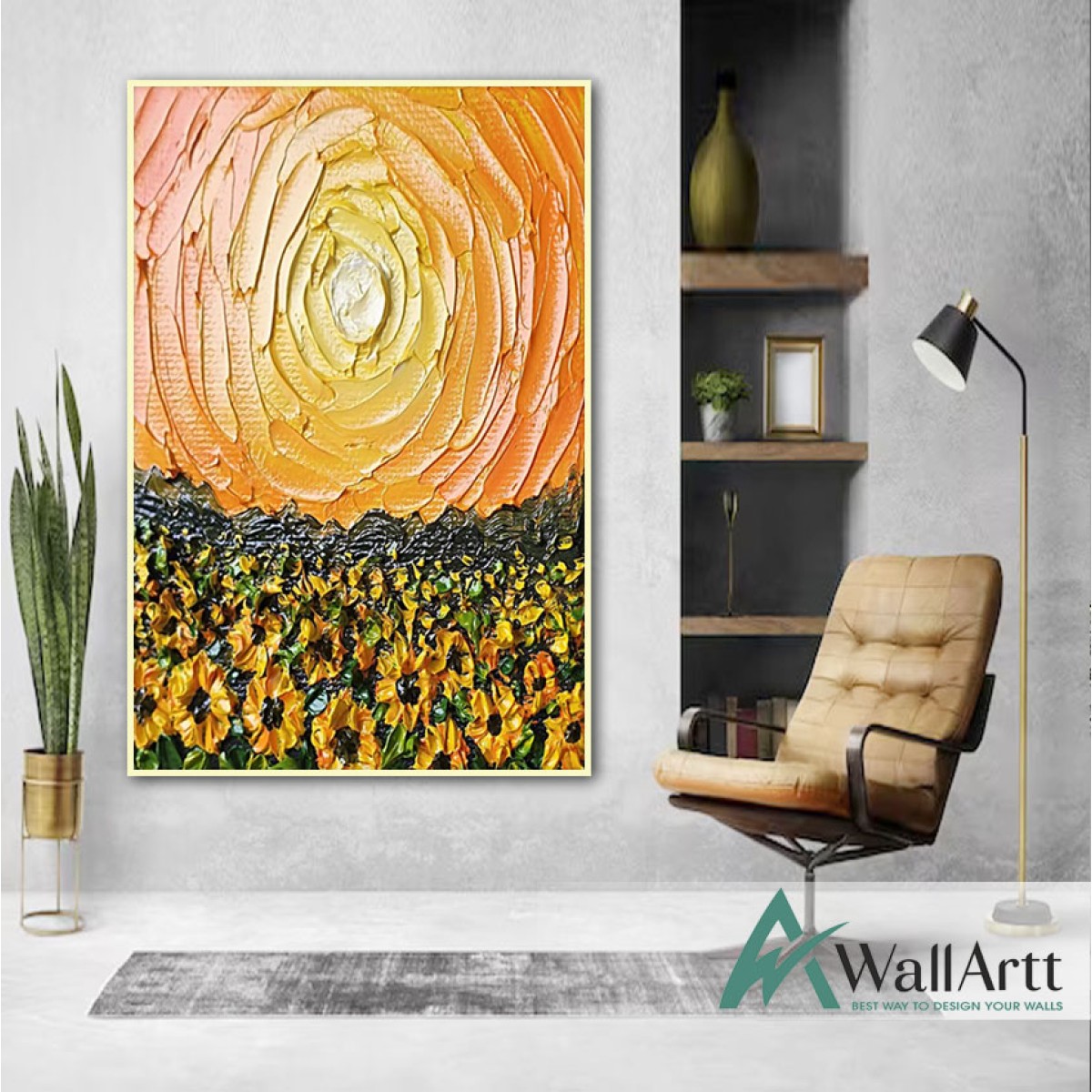 Orange Sun & Sunflowers 3d Heavy Textured Partial Oil Painting